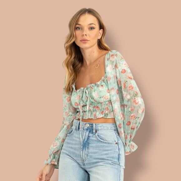 Babydoll MilkMaid Romantic Crop top Chiffon Floral Smock… - Picture 2 of 14